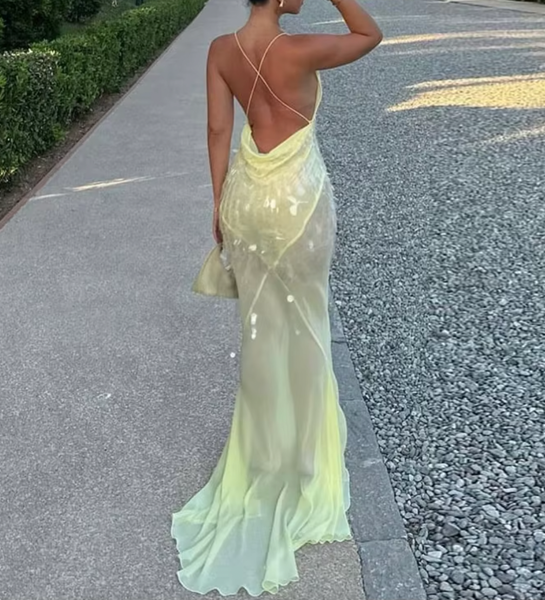 Sequin Cross Back Cowl Mermaid Maxi Dress