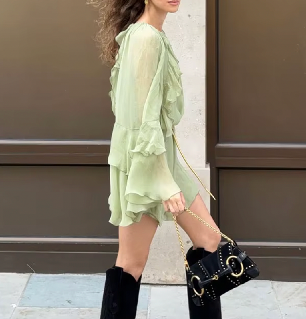 Chiffon Round Neck Long Sleeve Tiered Ruffle Mini Dress 2