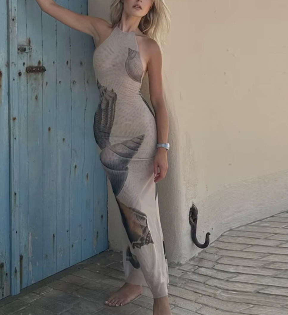 Seashell Print High Neck Bodycon Maxi Dress 3