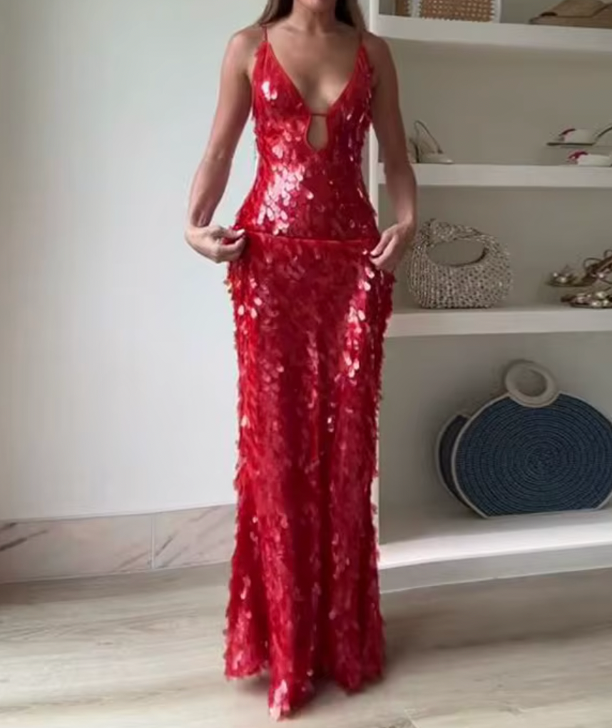 Sequin Deep V-Neck Cut Out Bodycon Maxi Dress 3