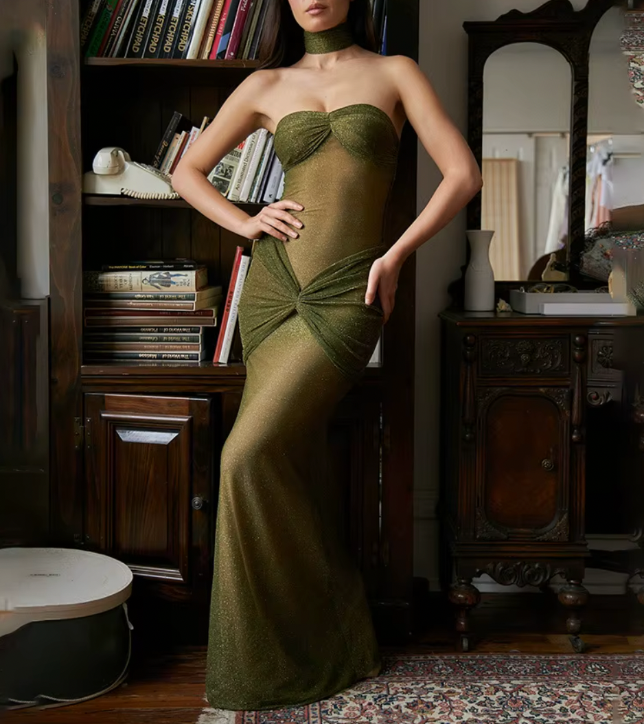 Strapless Ruched Sheer Glitter Maxi Dress 10
