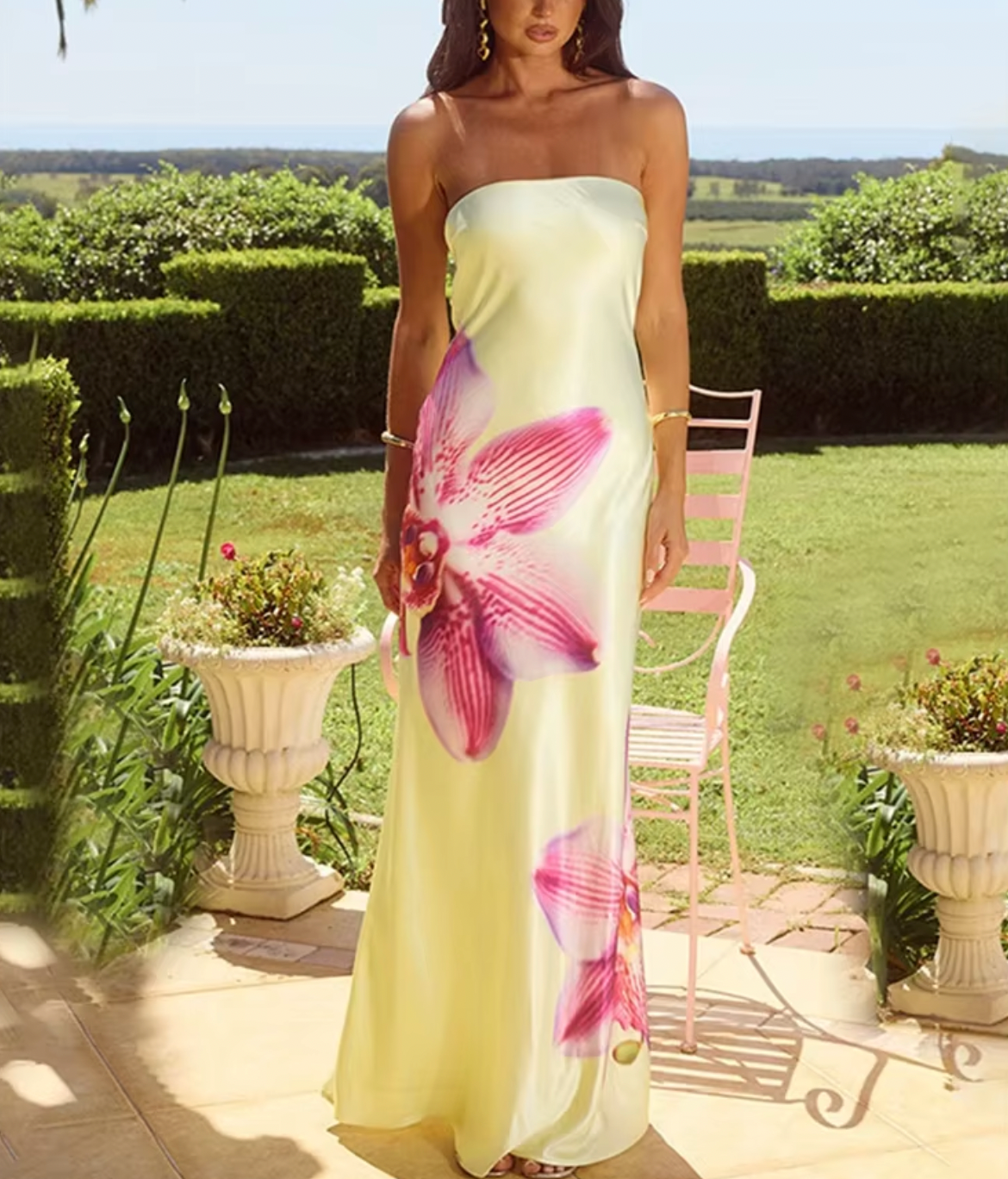 Floral Print Strapless Satin Maxi Dress