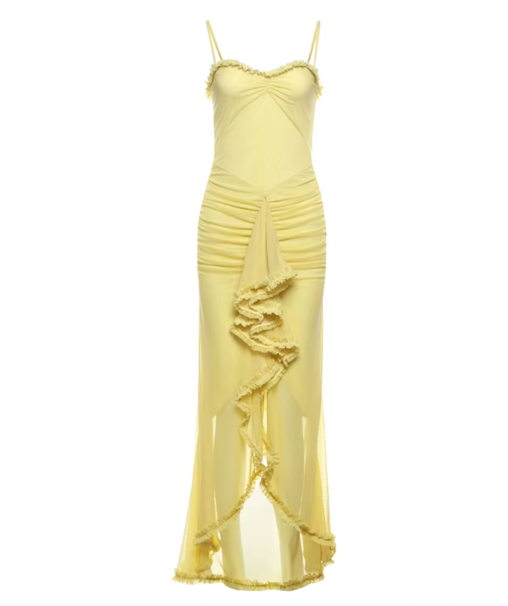 Frill Trim Mesh Spaghetti Strap High Split Maxi Dress 2