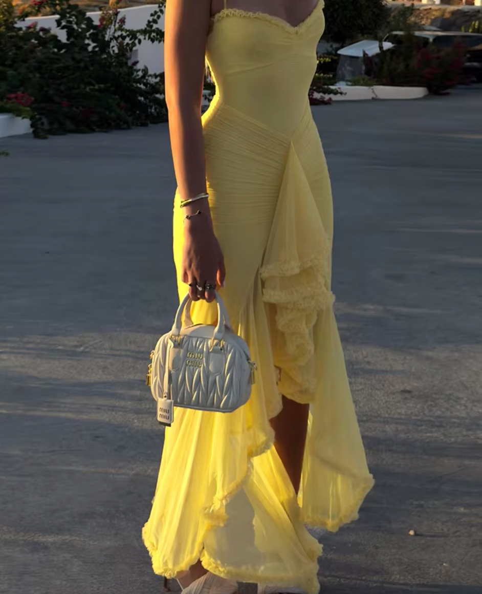 Frill Trim Mesh Spaghetti Strap High Split Maxi Dress 5