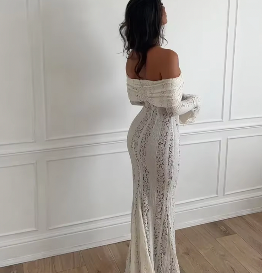 Lace Off Shoulder Long Sleeve Lace Up Bodycon Midi Dress 5