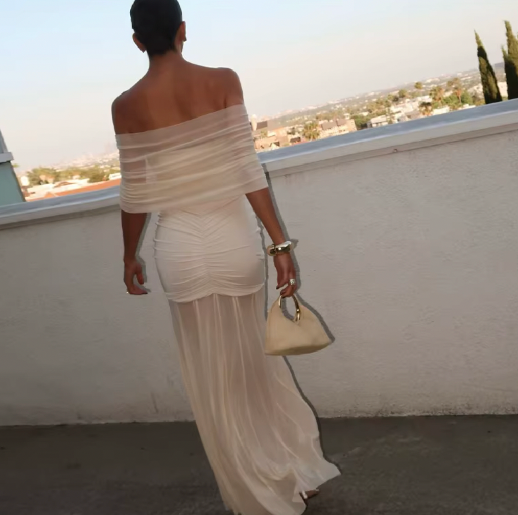 Off Shoulder Mesh Ruched Bodycon Maxi Dress 3