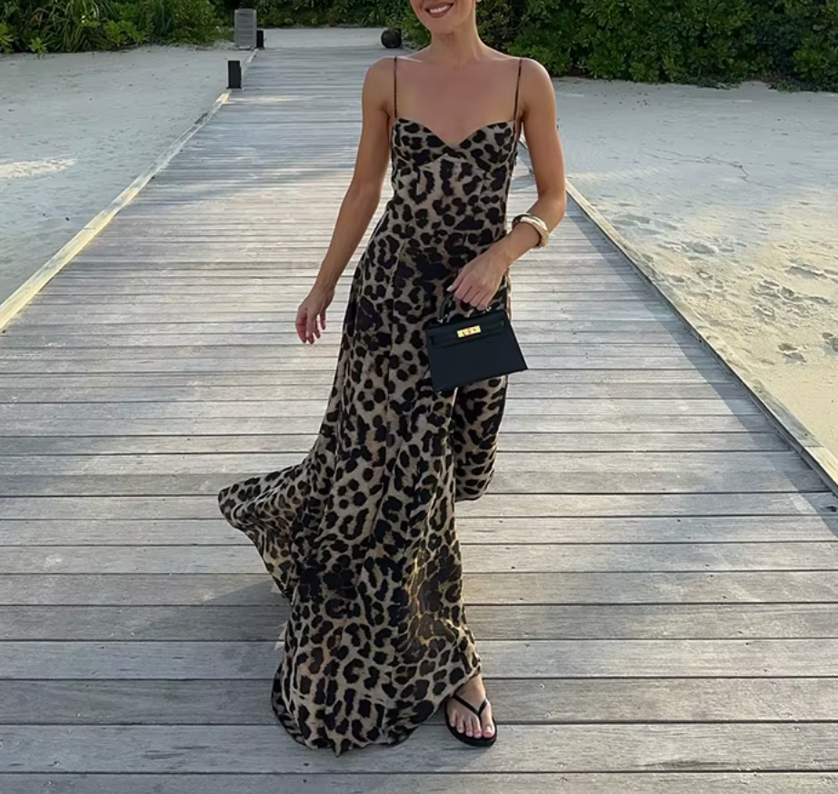 Leopard Print Spaghetti Strap Slip Maxi Dress 4