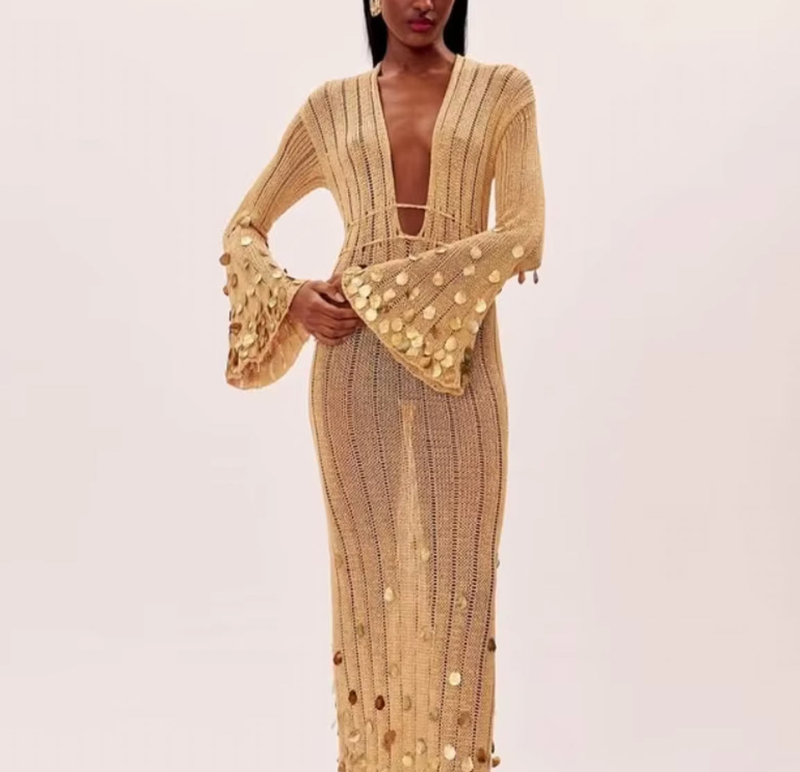 Crochet Deep V-Neck Bell Sleeve Sequin Maxi Dress