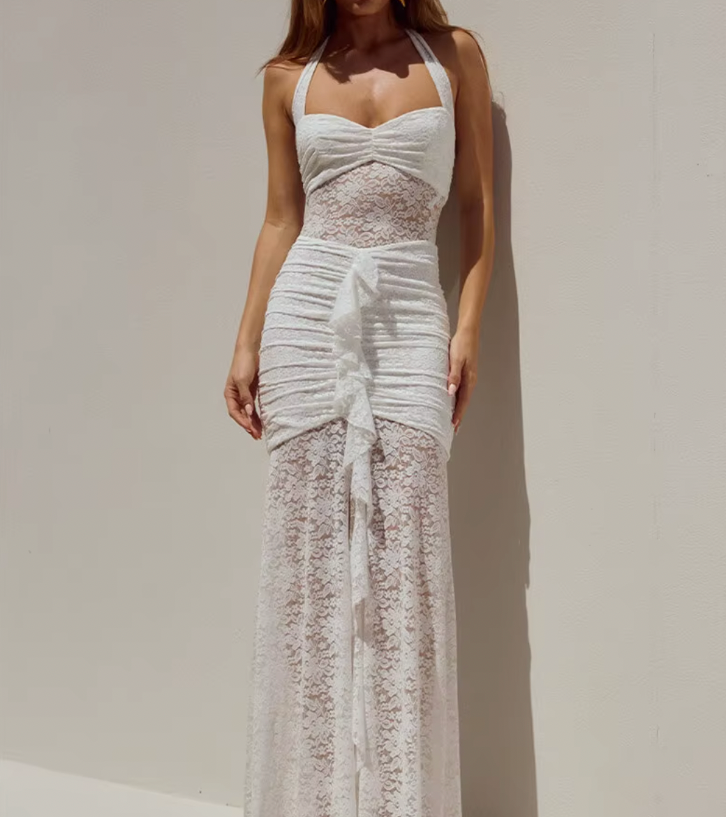 Lace Halter Neck Ruched Maxi Dress 8