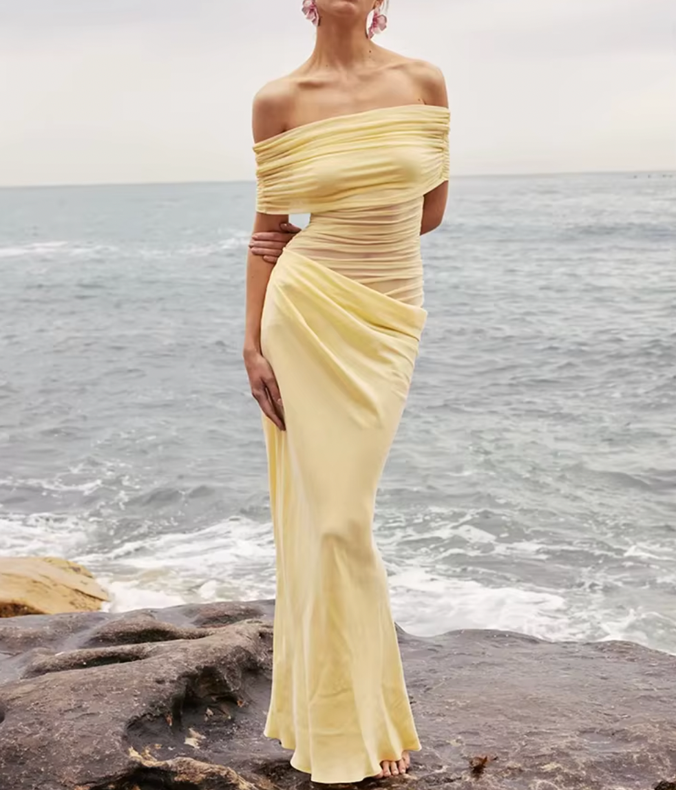 Off Shoulder Ruched Satin Mermaid Maxi Dress