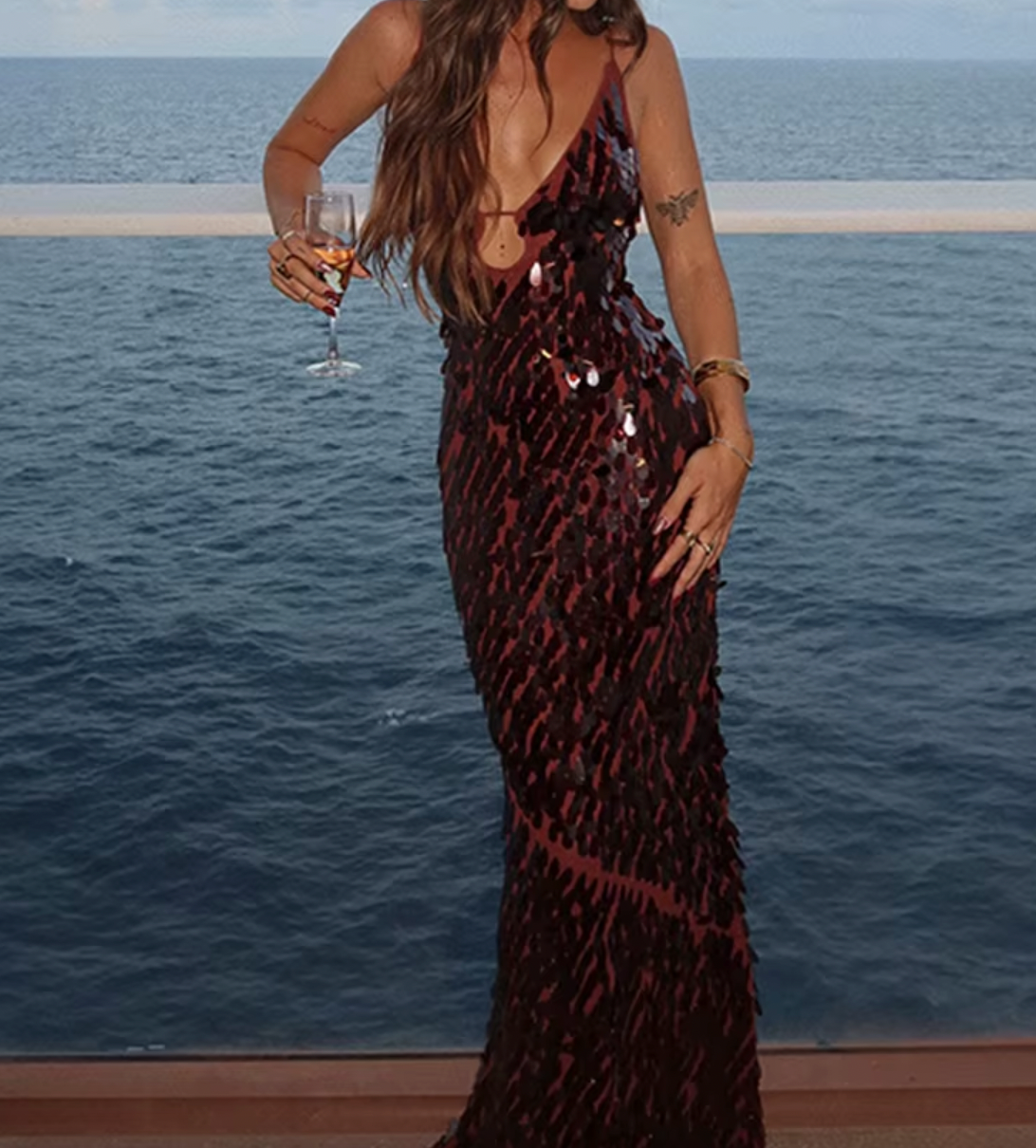 Sequin Deep V-Neck Spaghetti Strap Backless Maxi Dress
