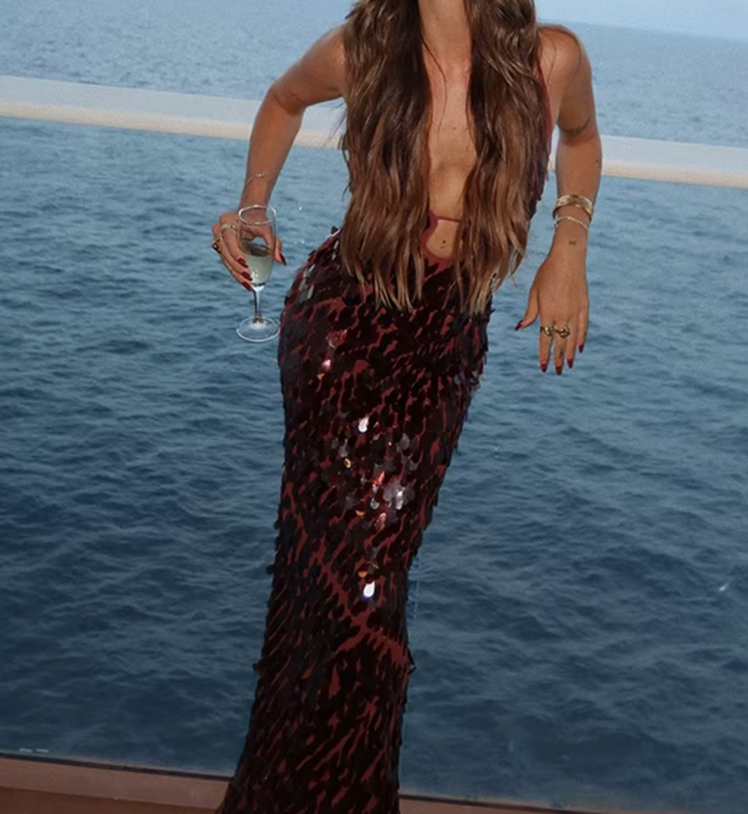 Sequin Deep V-Neck Spaghetti Strap Backless Maxi Dress 2