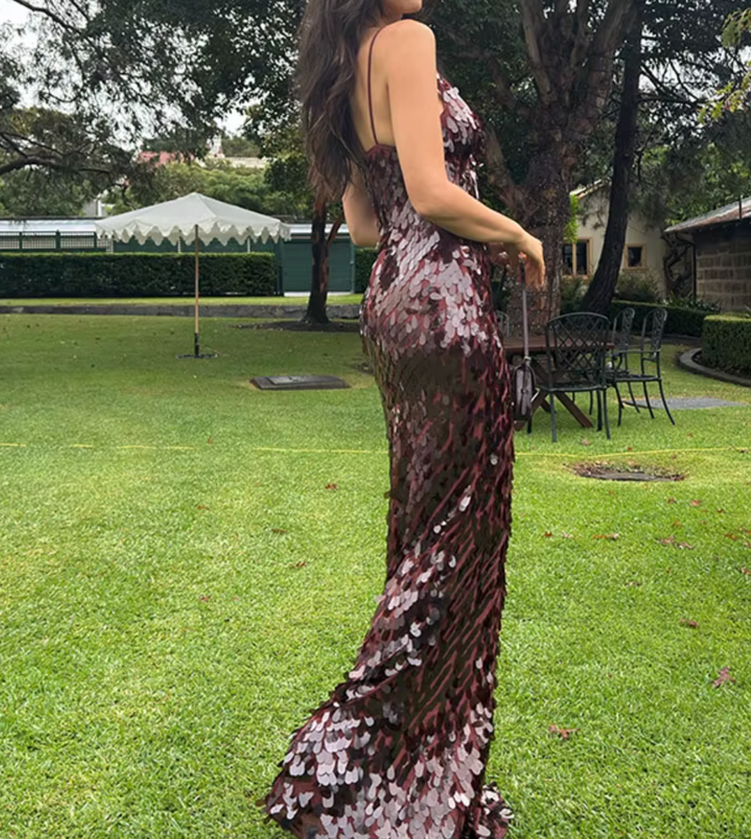 Sequin Deep V-Neck Spaghetti Strap Backless Maxi Dress 4