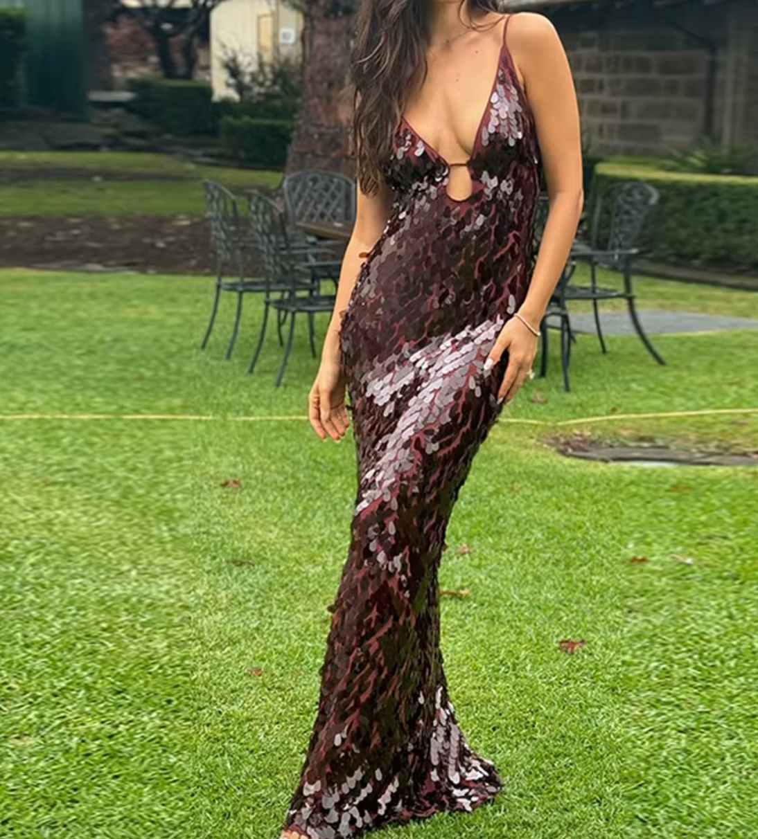 Sequin Deep V-Neck Spaghetti Strap Backless Maxi Dress 5