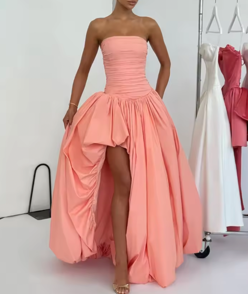 Strapless Ruched Bubble Hem High Split Maxi Dress 4