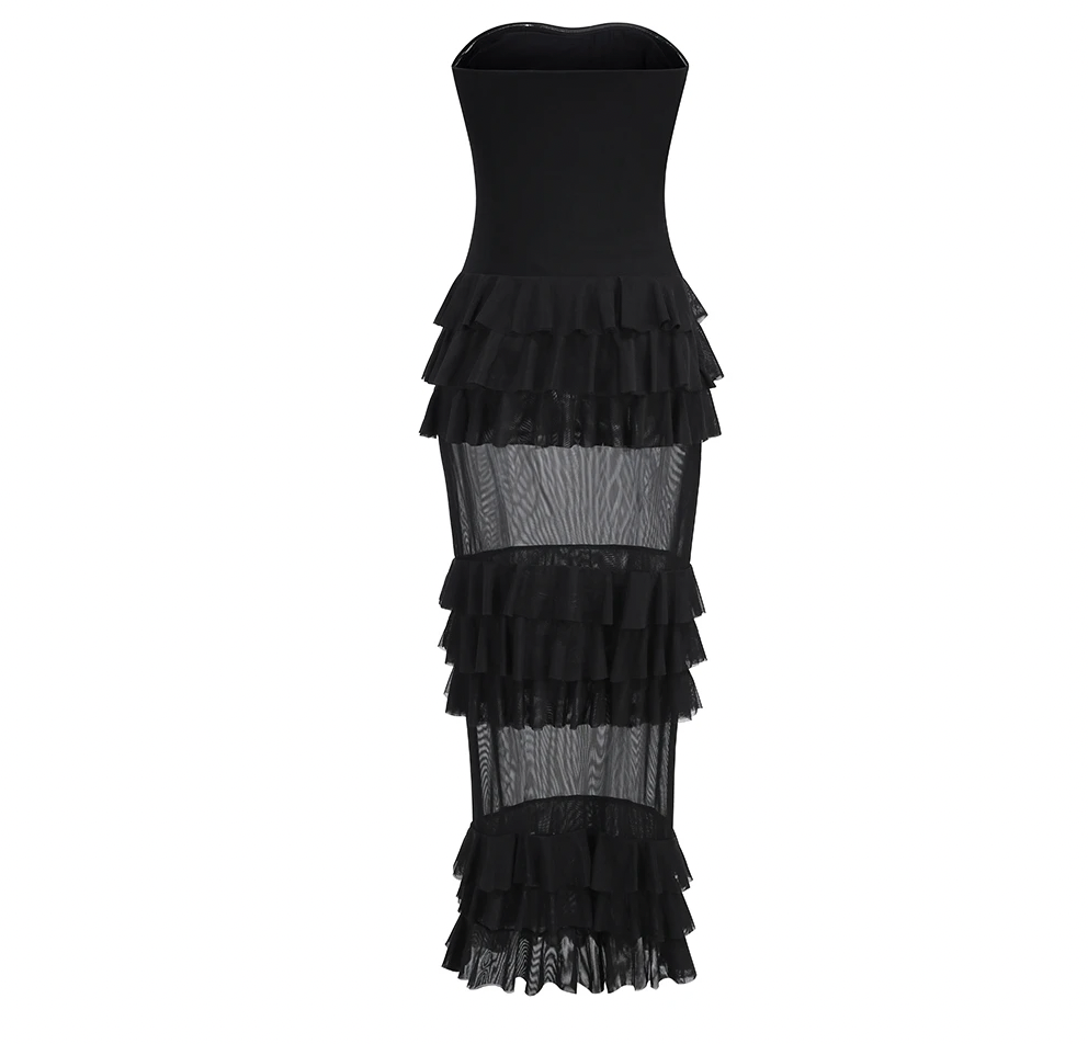 Strapless Tiered Ruffle Mesh Midi Dress 4