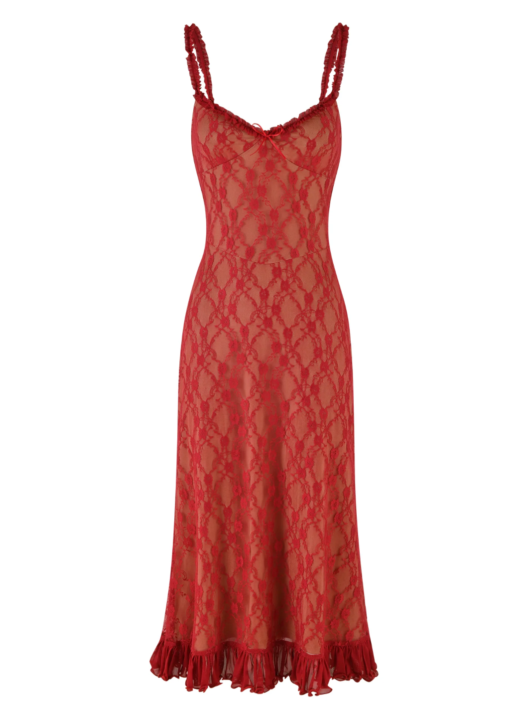 Lace Spaghetti Strap Scoop Neck Bow Trim Ruffle Hem Midi Summer Dress