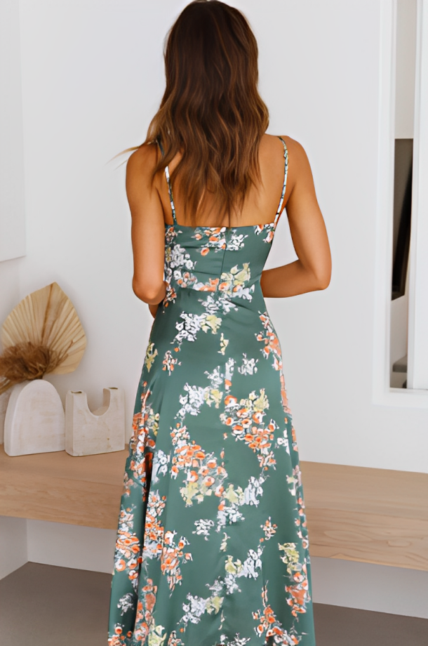 Floral Print Tie Front Cut Out Spaghetti Strap High Split Maxi Dress