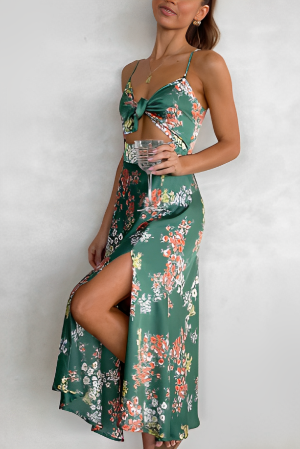 Floral Print Tie Front Cut Out Spaghetti Strap High Split Maxi Dress