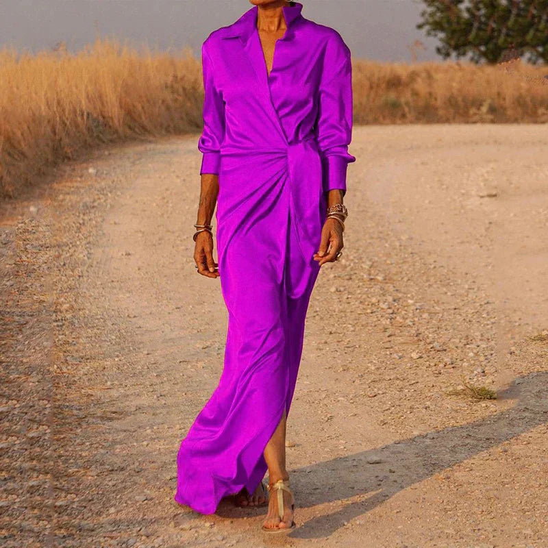 Satin Shirt Collar Deep V-Neck Long Sleeve Knotted Wrap Maxi Dress
