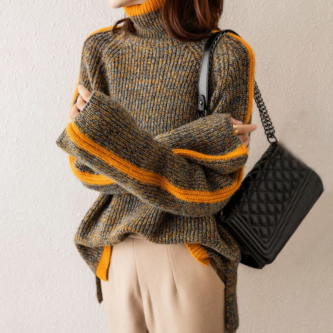 Turtleneck Contrast Trim Marled Knit Sweater