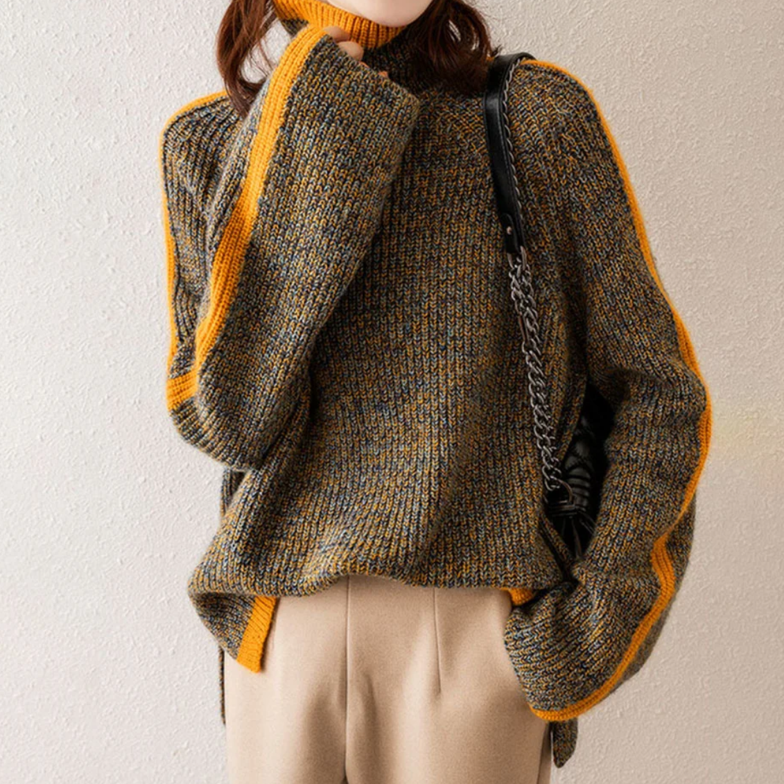 Turtleneck Contrast Trim Marled Knit Sweater