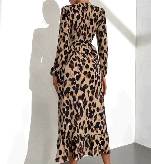 Leopard Print Wrap Deep V-Neck Long Sleeve Maxi Dress