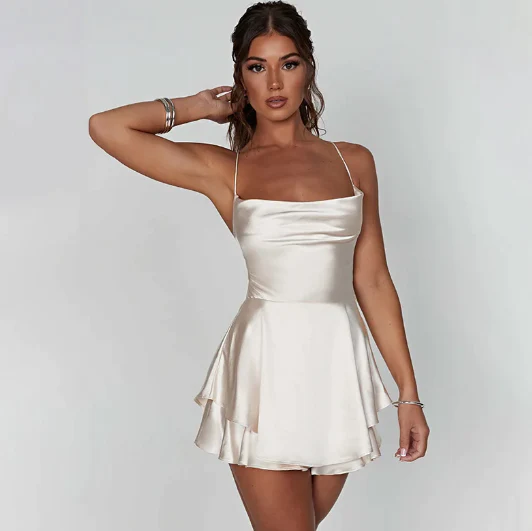 Satin Cowl Neck Spaghetti Strap Tiered Ruffle Fit and Flare Mini Dress