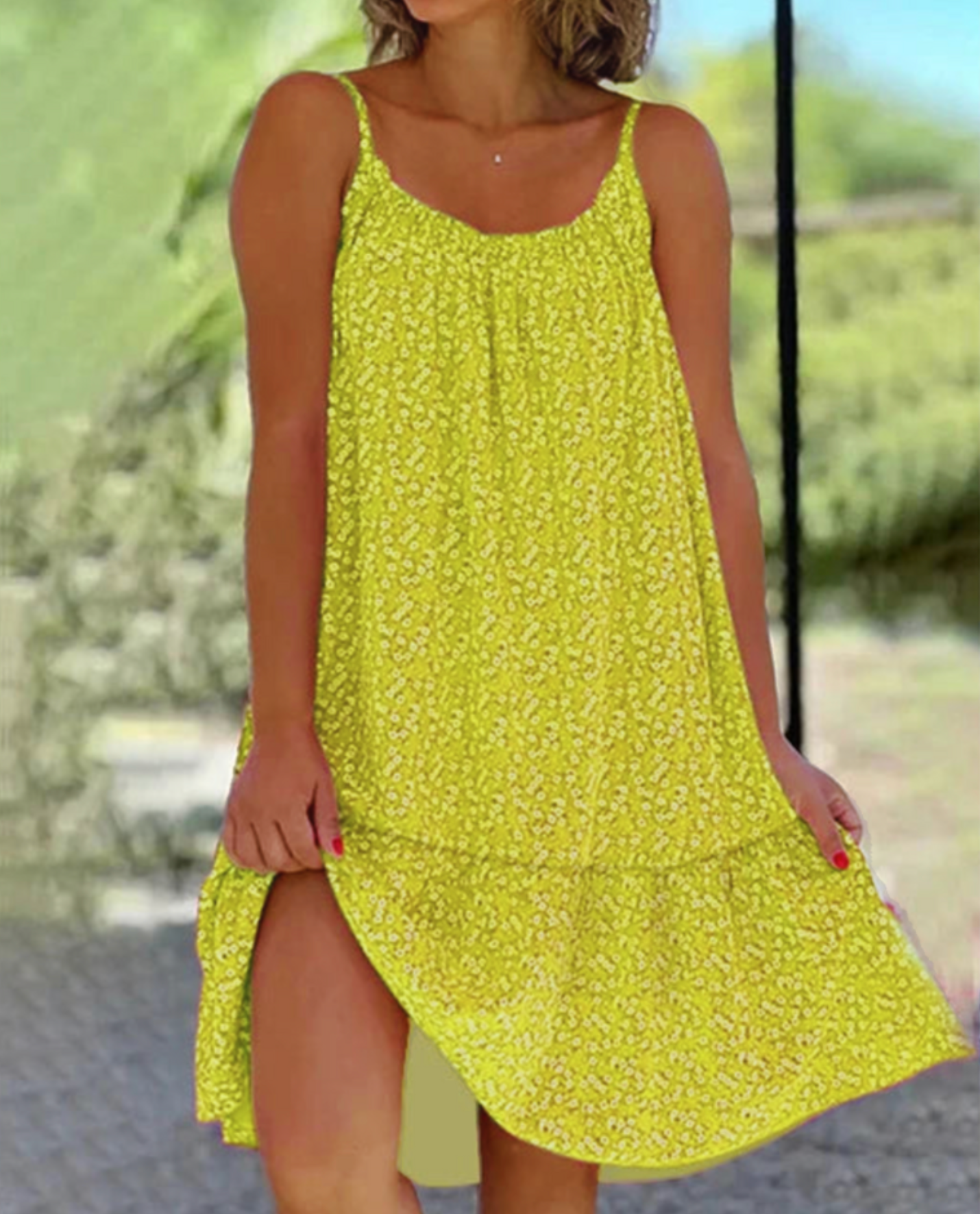 Spaghetti Strap Tiered Ruffle Hem Flowy Mini Summer Dress