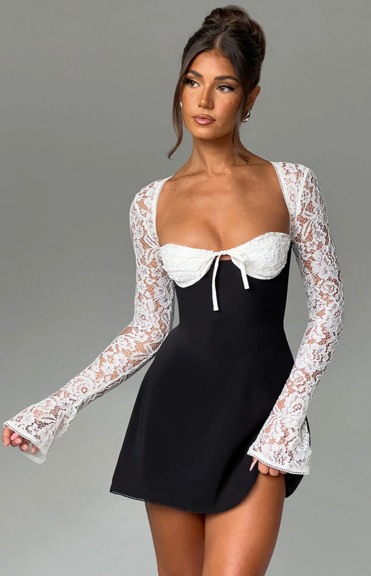 Lace Flare Sleeve Bow Front Bustier A-Line Mini Dress 7