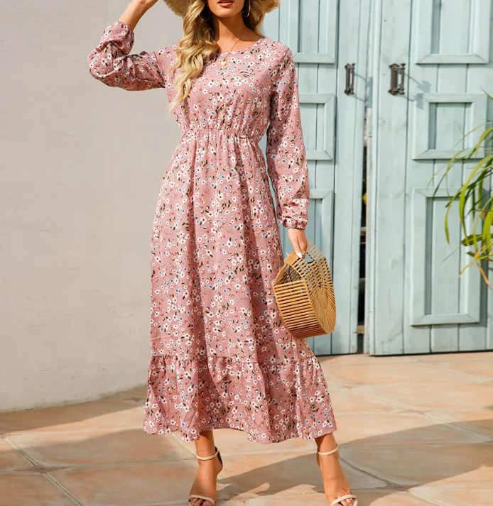 Floral Print Bishop Sleeve Elastic Waist Tiered Ruffle Maxi Dress