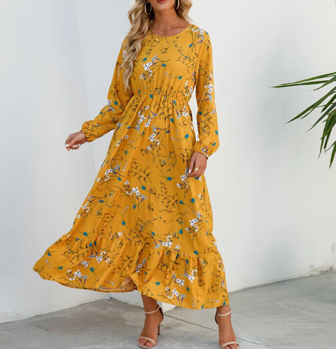Floral Print Bishop Sleeve Elastic Waist Tiered Ruffle Maxi Dress