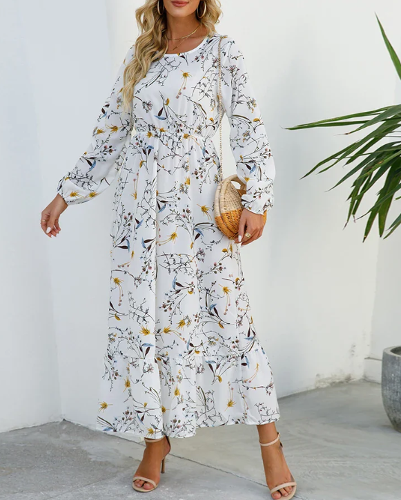 Floral Print Bishop Sleeve Elastic Waist Tiered Ruffle Maxi Dress