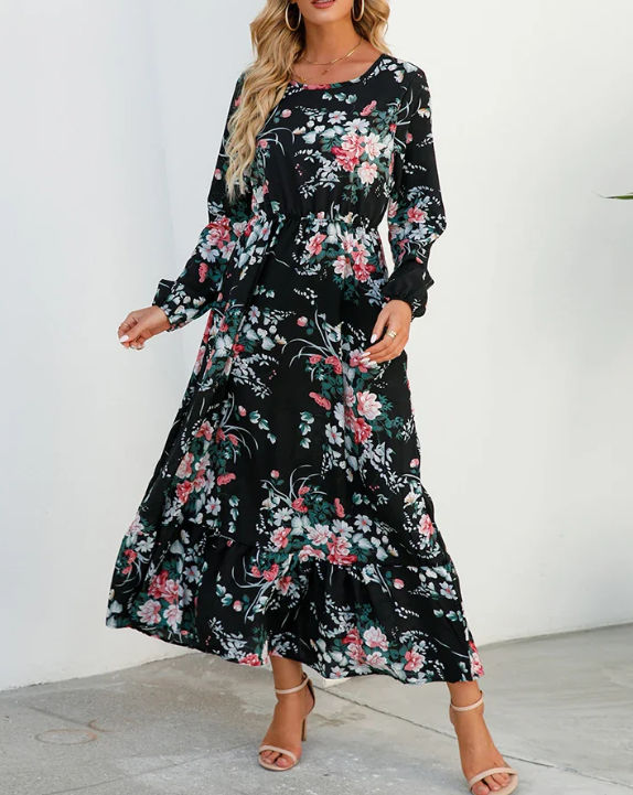 Floral Print Bishop Sleeve Elastic Waist Tiered Ruffle Maxi Dress