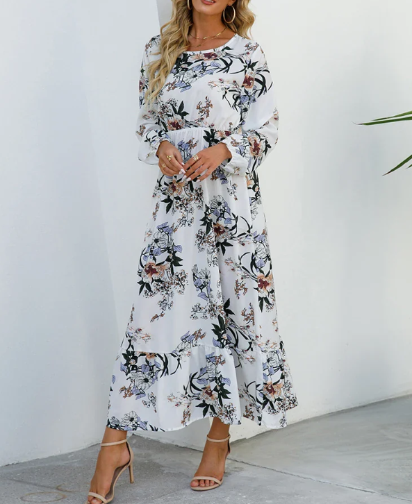 Floral Print Bishop Sleeve Elastic Waist Tiered Ruffle Maxi Dress