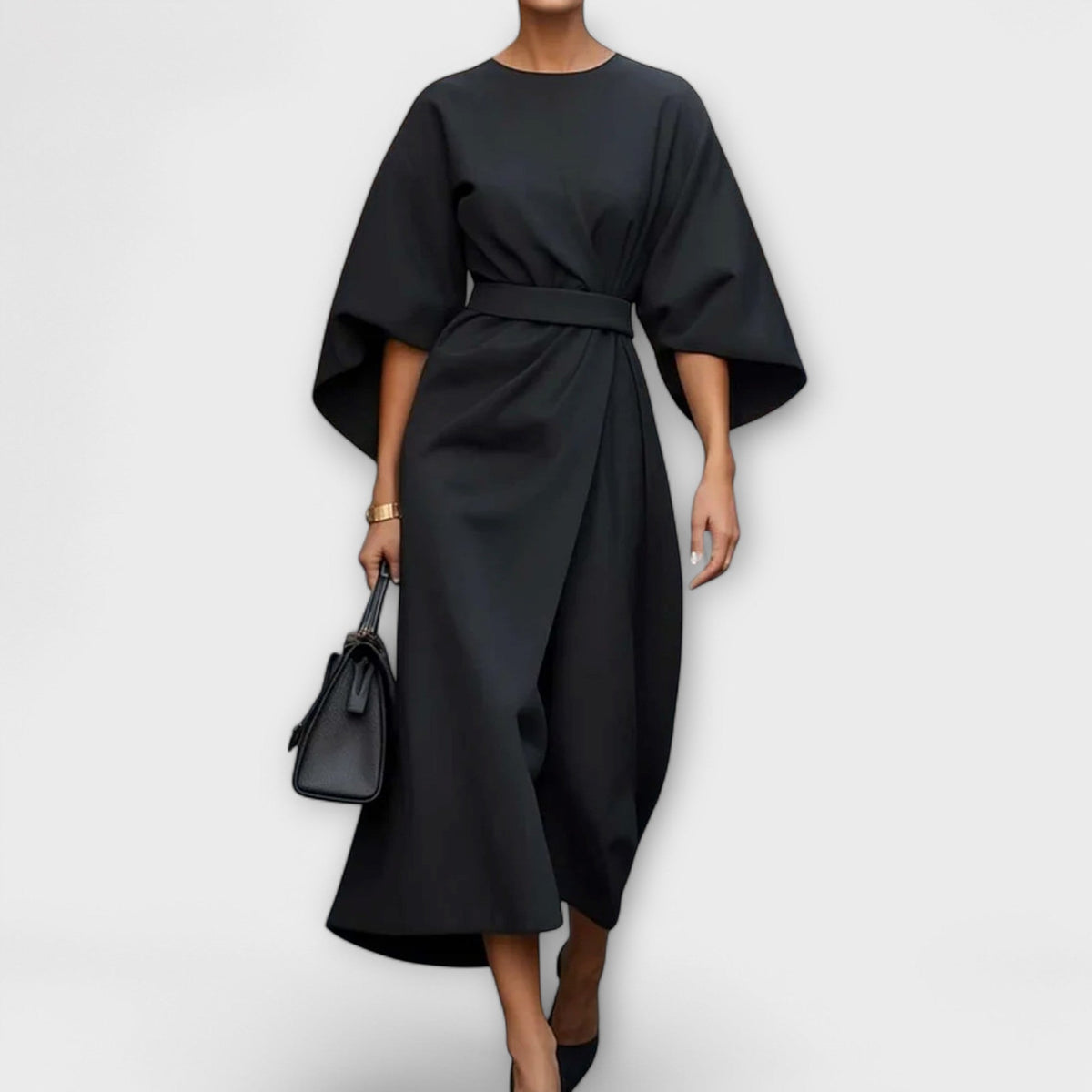 Batwing Sleeve Belted Wrap Slit Midi Dress