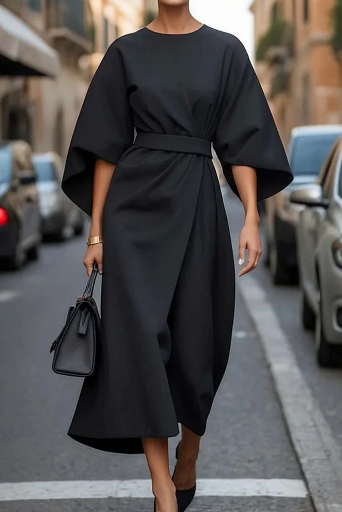 Round Neck Batwing Sleeve Belted Wrap Midi Dress