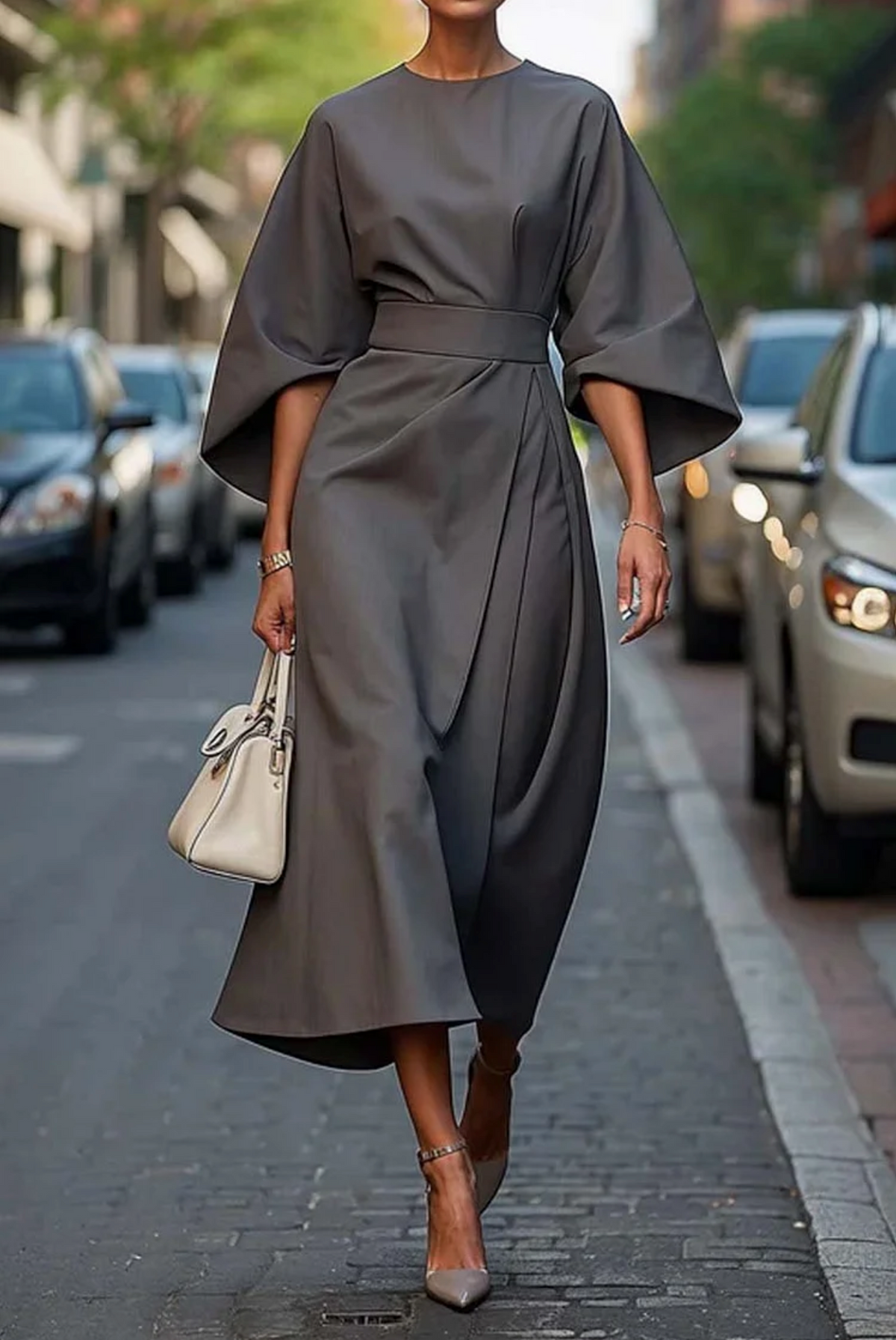 Round Neck Batwing Sleeve Belted Wrap Midi Dress