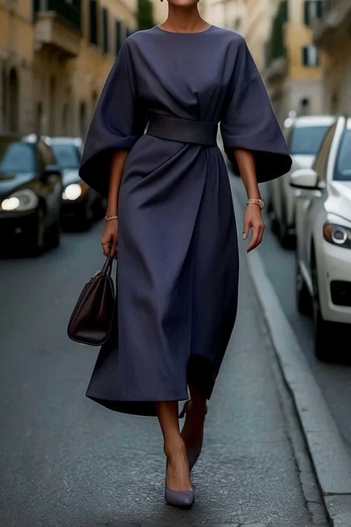 Round Neck Batwing Sleeve Belted Wrap Midi Dress