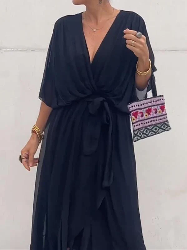 Pleated Chiffon Wrap V-Neck Kimono Sleeve Tie Waist Ruffle Maxi Dress