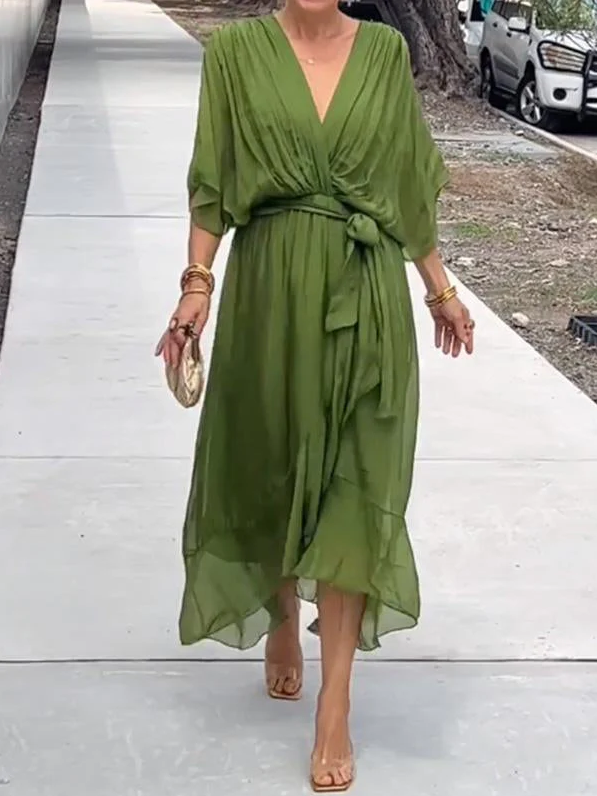 Pleated Chiffon Wrap V-Neck Kimono Sleeve Tie Waist Ruffle Maxi Dress