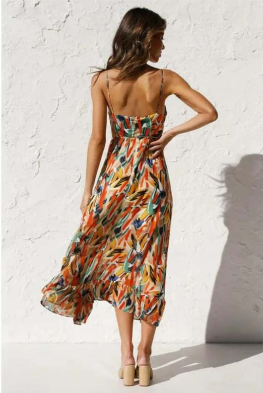 Spaghetti Strap Deep V-Neck Surplice Ruched Abstract Print Ruffle Hem Maxi Summer Dress