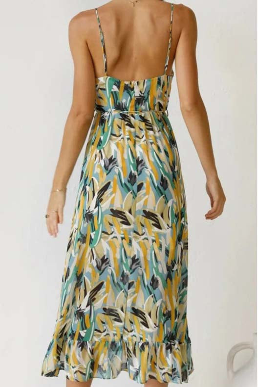 Spaghetti Strap Deep V-Neck Surplice Ruched Abstract Print Ruffle Hem Maxi Summer Dress