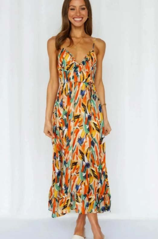 Spaghetti Strap Deep V-Neck Surplice Ruched Abstract Print Ruffle Hem Maxi Summer Dress