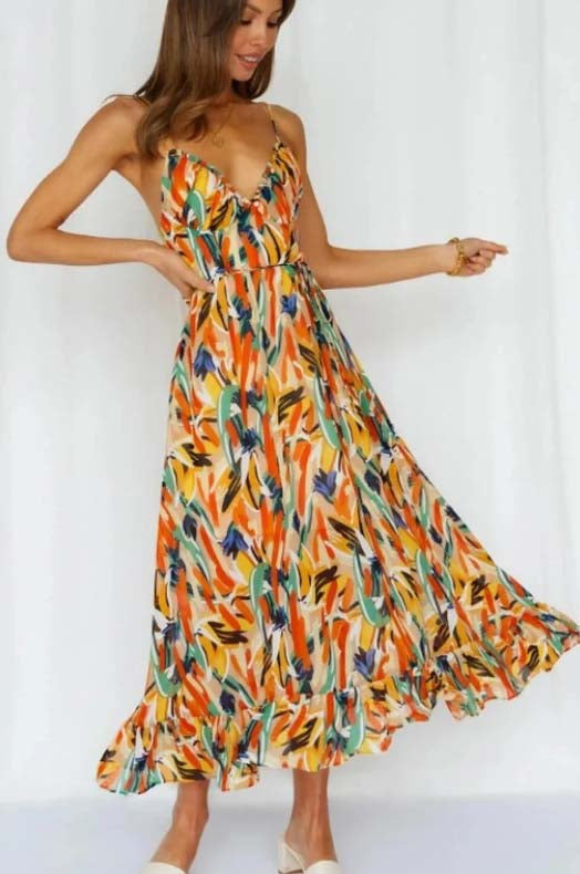 Spaghetti Strap Deep V-Neck Surplice Ruched Abstract Print Ruffle Hem Maxi Summer Dress