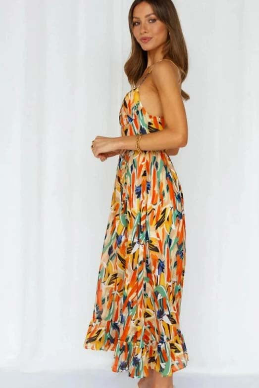 Spaghetti Strap Deep V-Neck Surplice Ruched Abstract Print Ruffle Hem Maxi Summer Dress