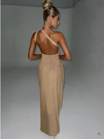 Sequin One Shoulder Open Back Diagonal Strap Bodycon Floor Length Gown