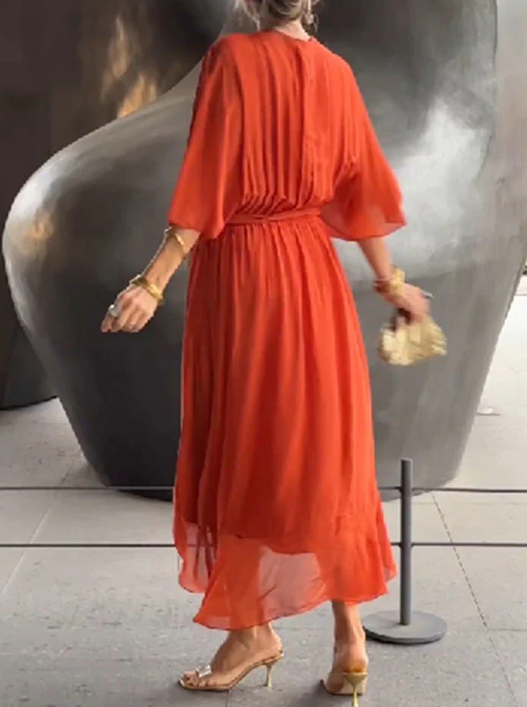 Pleated Chiffon Wrap V-Neck Kimono Sleeve Tie Waist Ruffle Maxi Dress