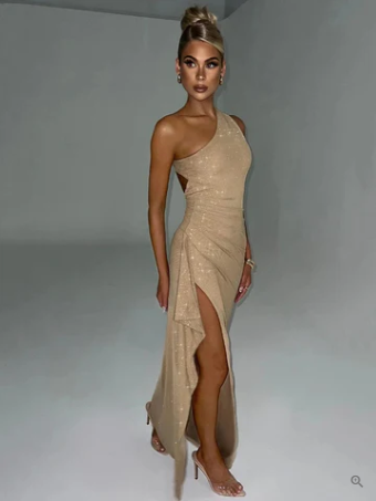 Glitter One Shoulder Backless Bodycon Maxi Gown