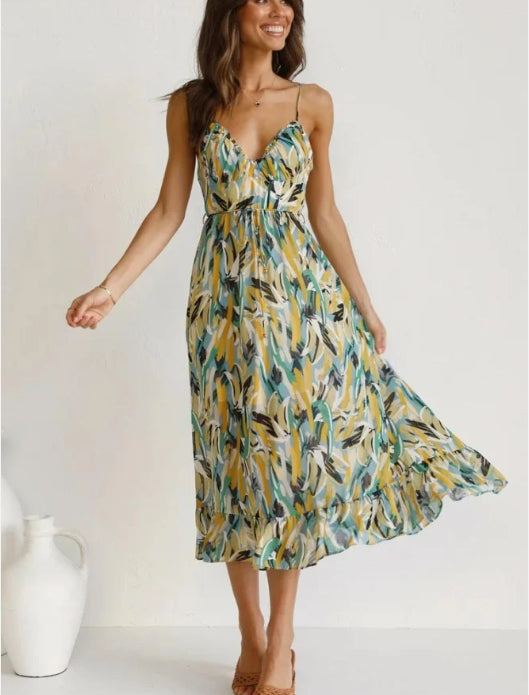 Spaghetti Strap Deep V-Neck Surplice Ruched Abstract Print Ruffle Hem Maxi Summer Dress